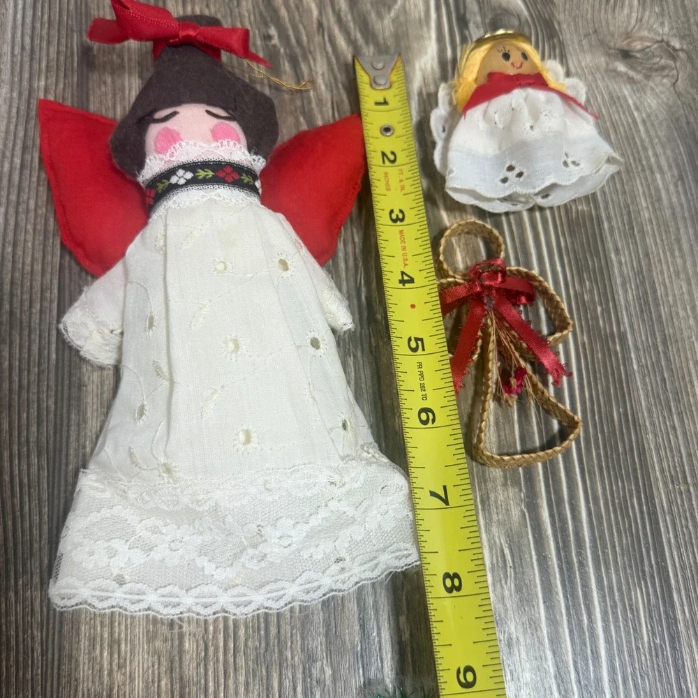 Vintage Angel Ornament Set 3pc Fabric Lace Woven Straw Christmas Folk Art Decor